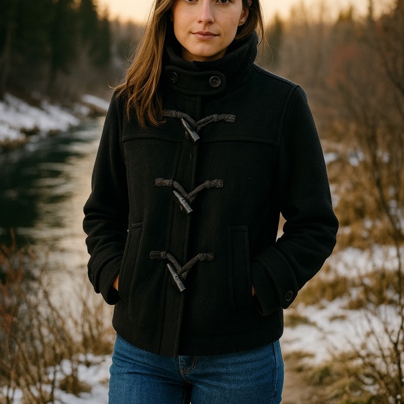 Banana Republic Wool Duffle Toggle Button Coat Black M - Picture 1 of 7